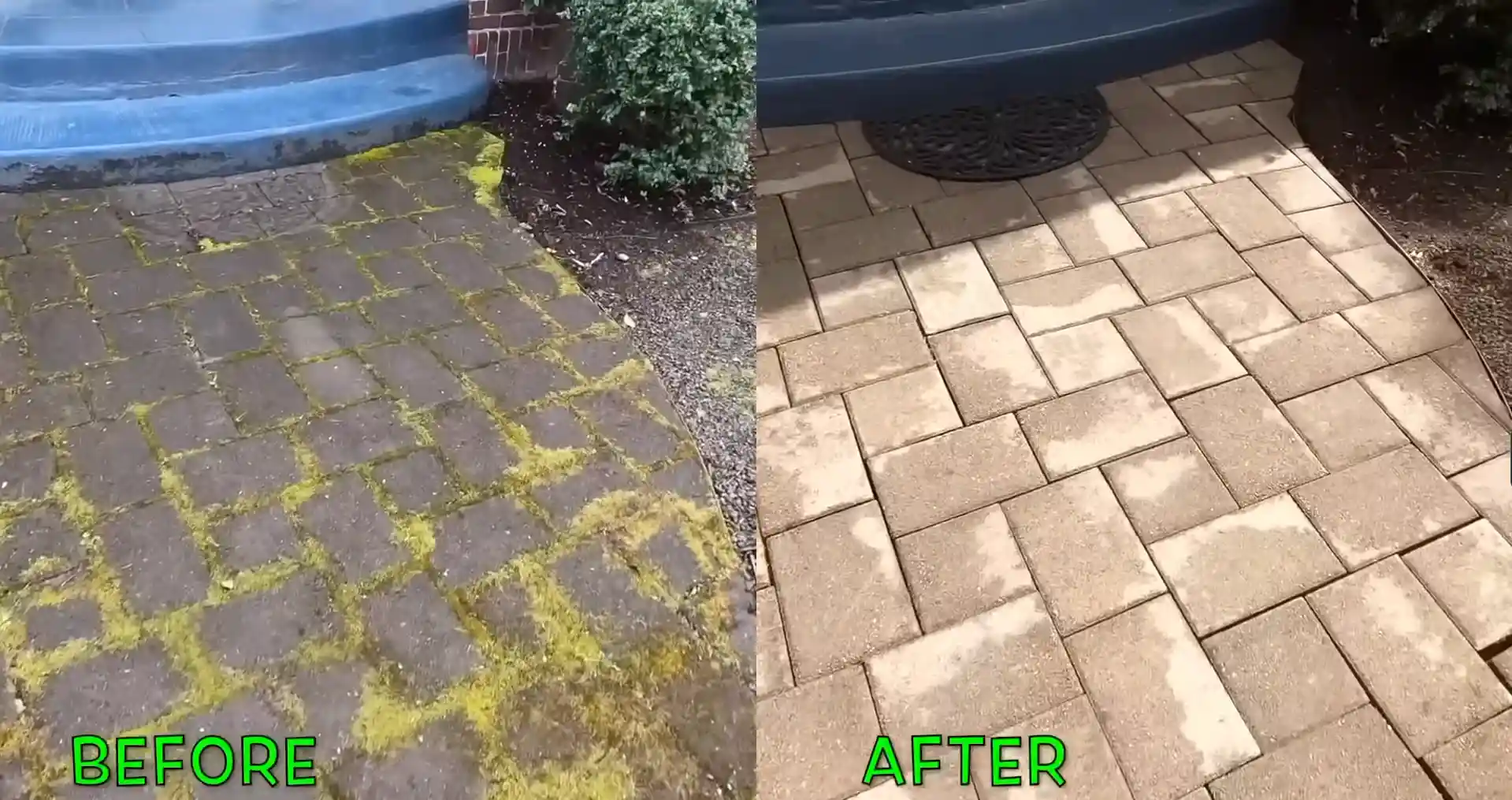 Paver walkway before and after cleaning to remove moss and grime in Tampa