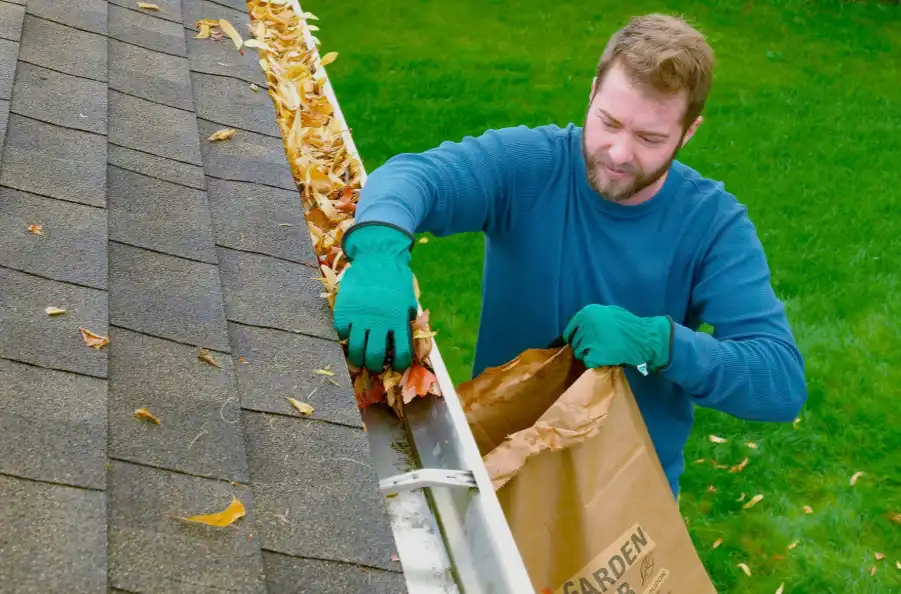 Technician clearing leaves and debris during gutter cleaning in Tampa