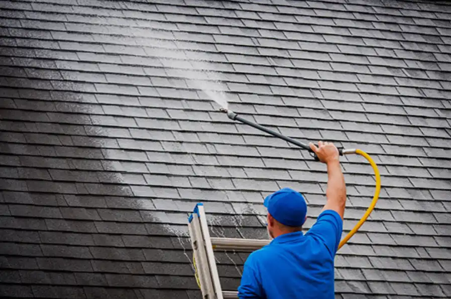 Technician soft washing a shingle roof to remove algae streaks in Tampa
